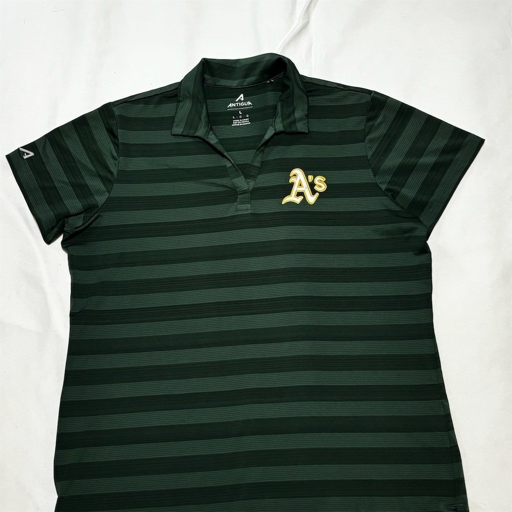 Antigua Oakland Athletics Womens Polo‎ Shirt Green Striped Embroidered L